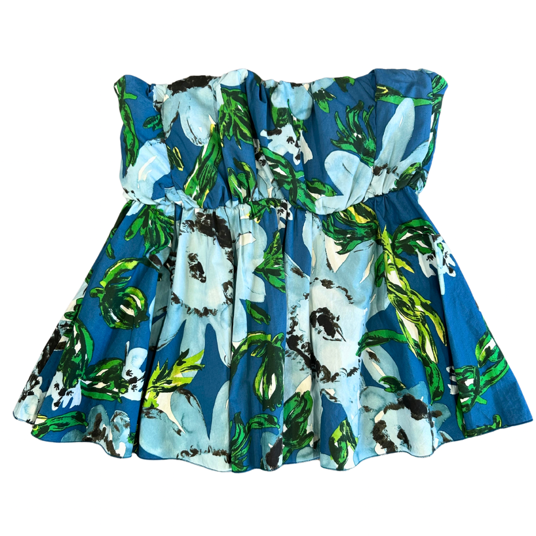 2010s Moschino Blue & Green Strapless Peplum Top