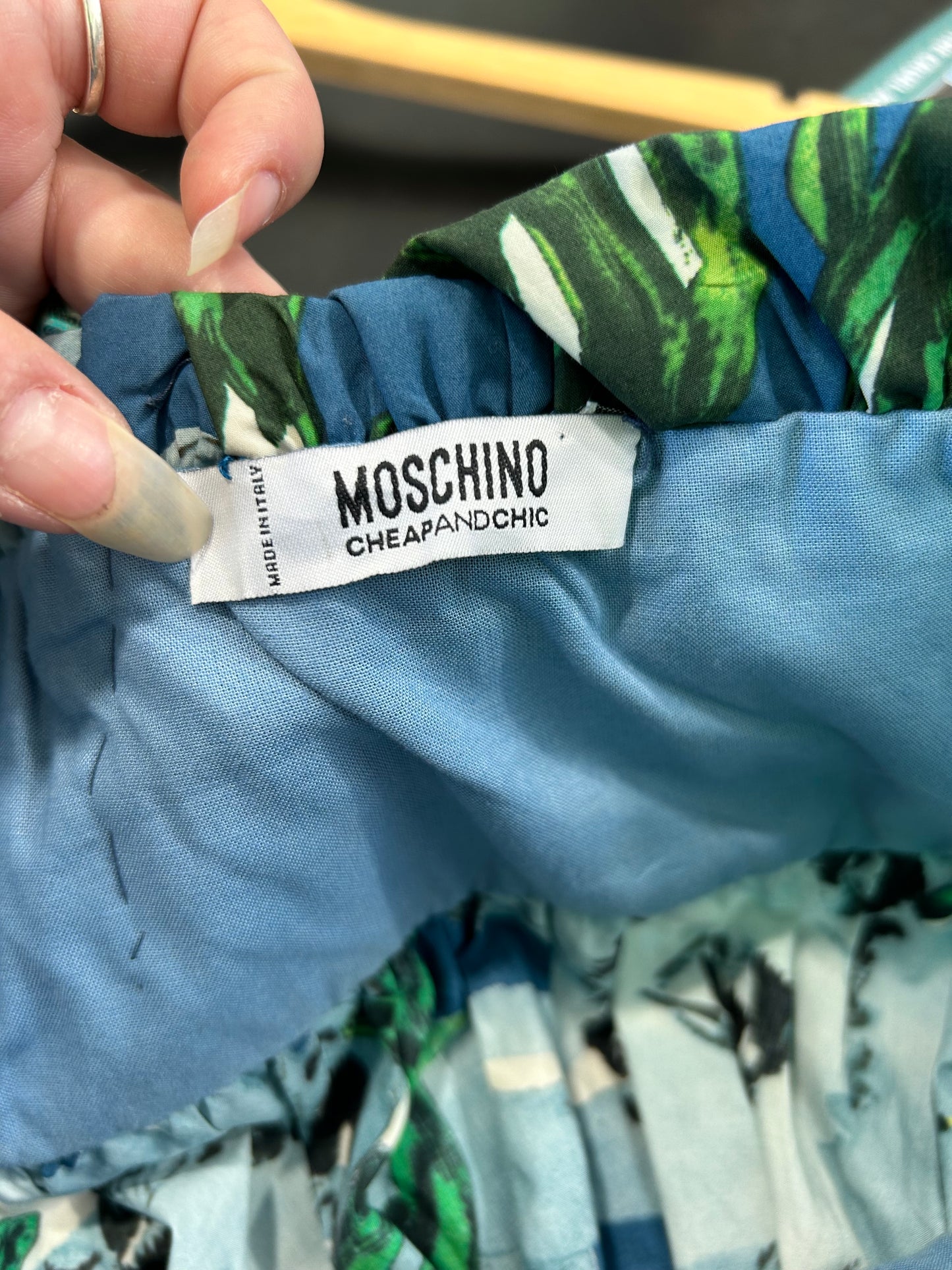 2010s Moschino Blue & Green Strapless Peplum Top