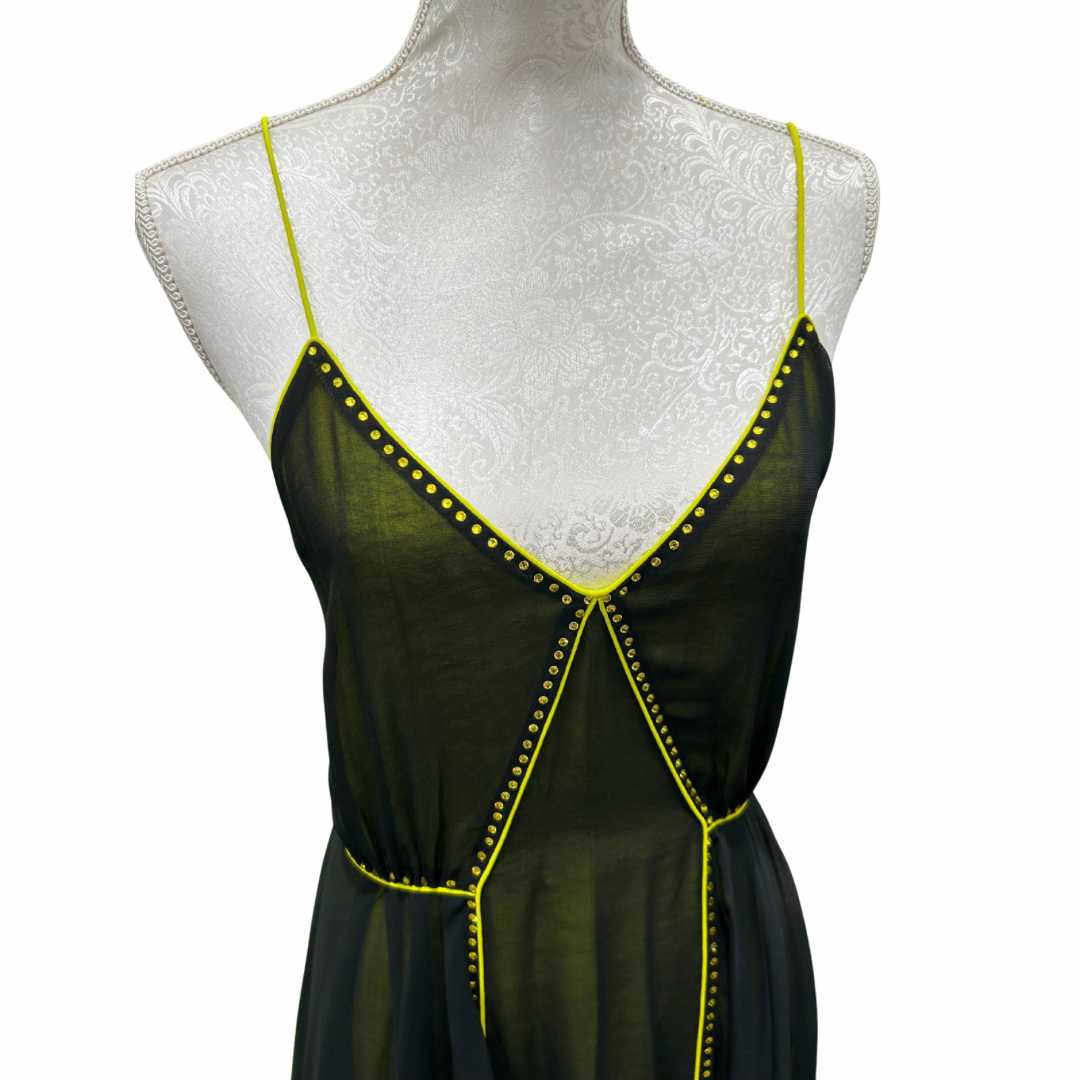 Adelaide Designer - Neon Yellow Diamanté & Black Mesh Mini Dress