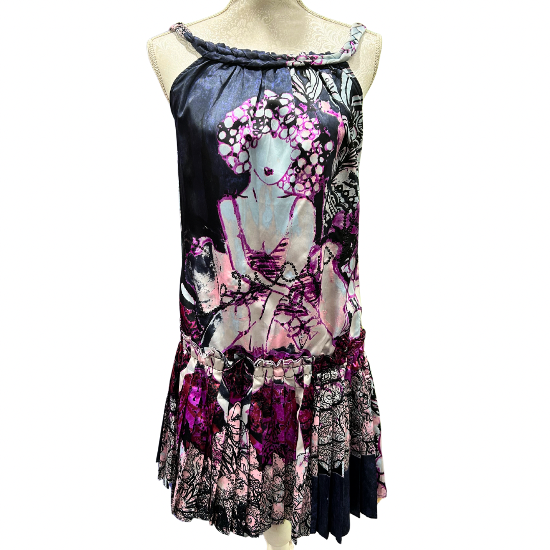 Desigual Silky Satin Sequins, Pleated Drop Waist Dress