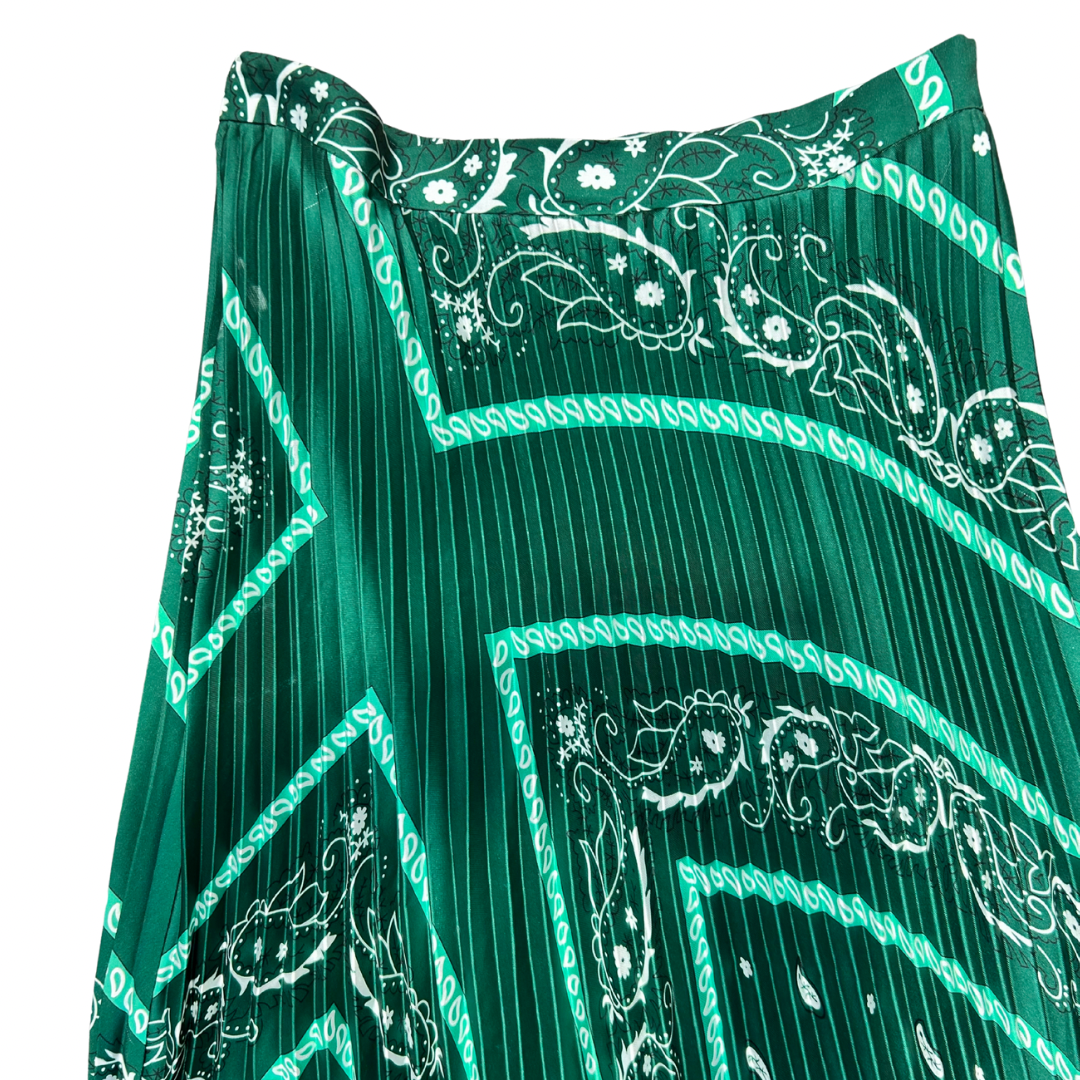 Rich Green, Bandanna Pattern, Accordion Pleat Maxi Skirt